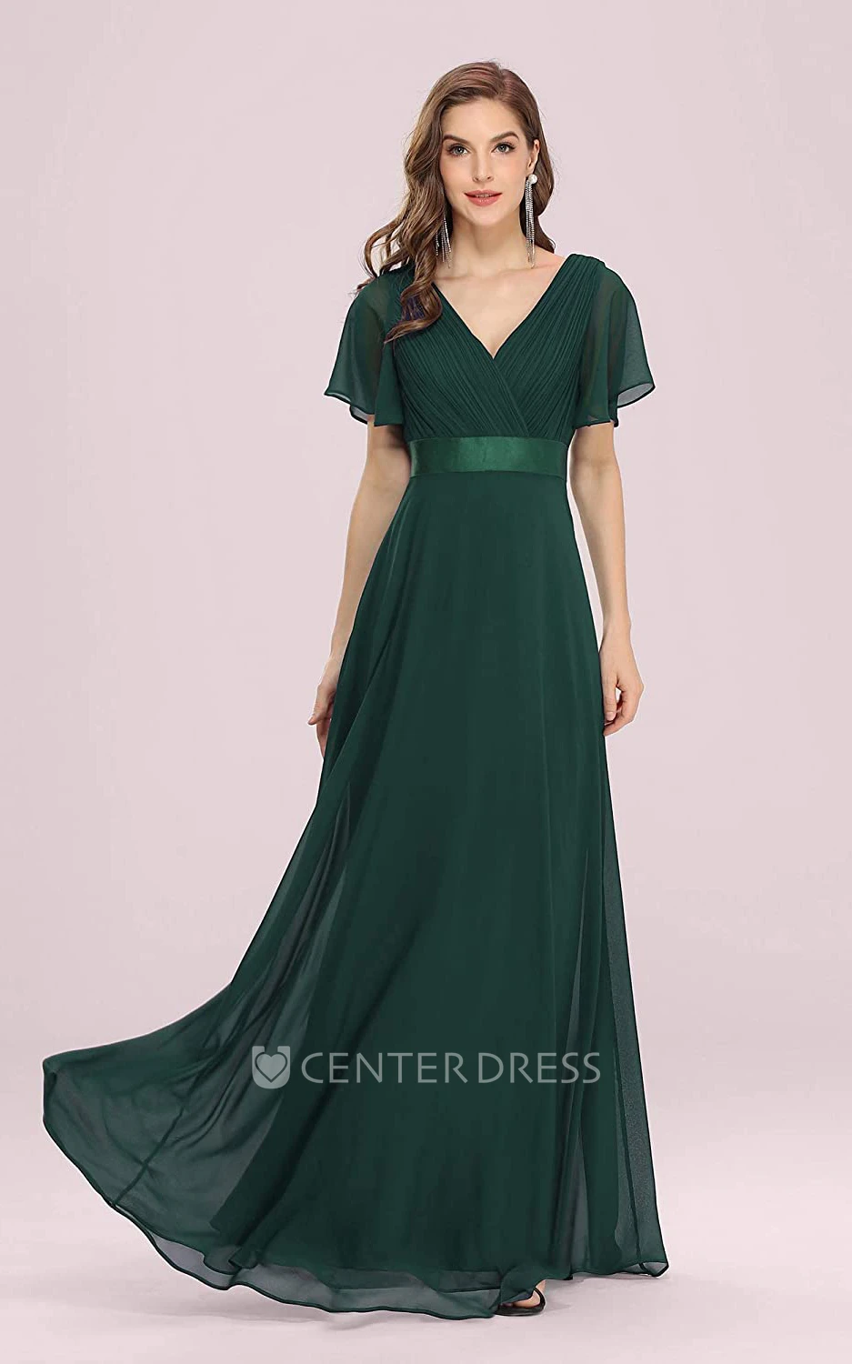 Romantic A Line Chiffon V-neck Short Sleeve Prom Evening Dress With Ruffles