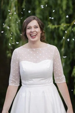 Vintage Tea Length Satin Wedding Dress With Dotted Tulle Bodice
