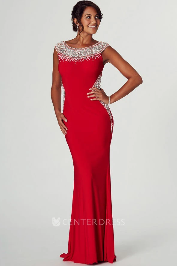 Floor-Length Pencil Sleeveless Scoop Neck Beaded Jersey Prom Dress