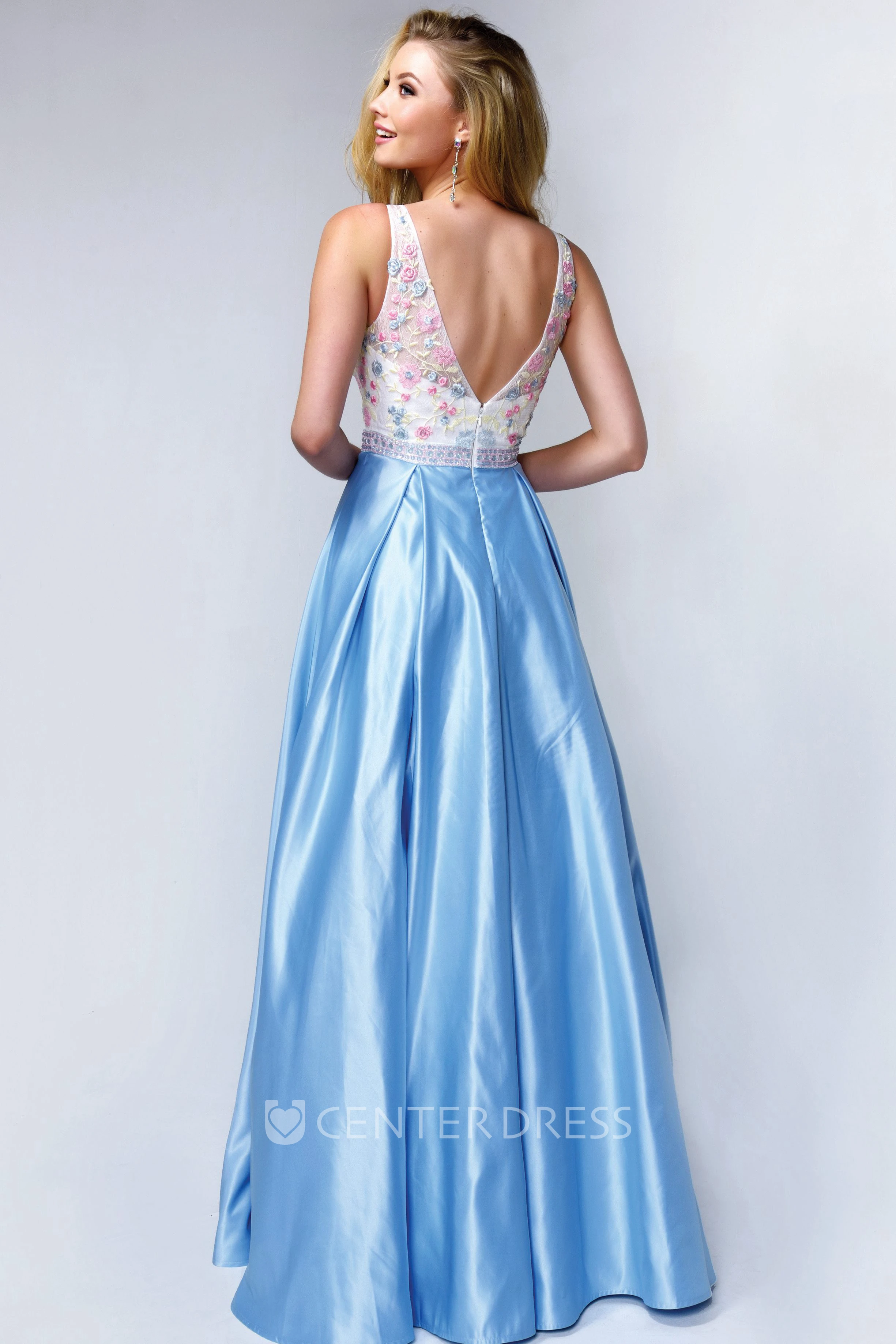 A-Line Maxi V-Neck Sleeveless Satin Low-V Back Dress With Appliques And Pleats