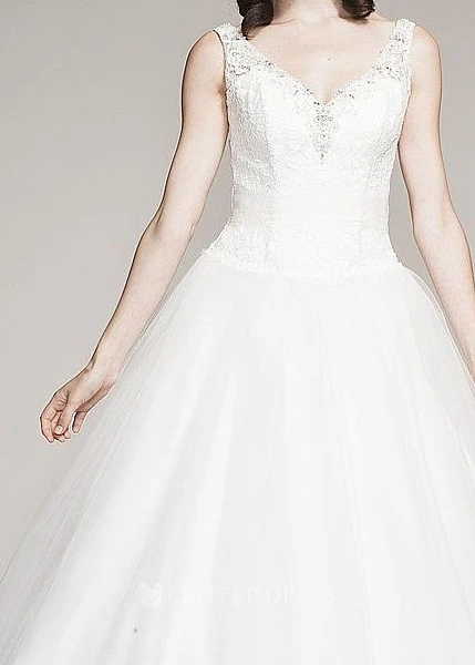 Ball Gown Sleeveless V-Neck Floor-Length Beaded Tulle&Lace Wedding Dress With Appliques