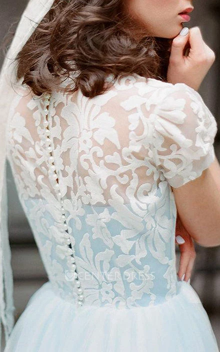 Mini Tulle&Lace&Satin Dress With Button