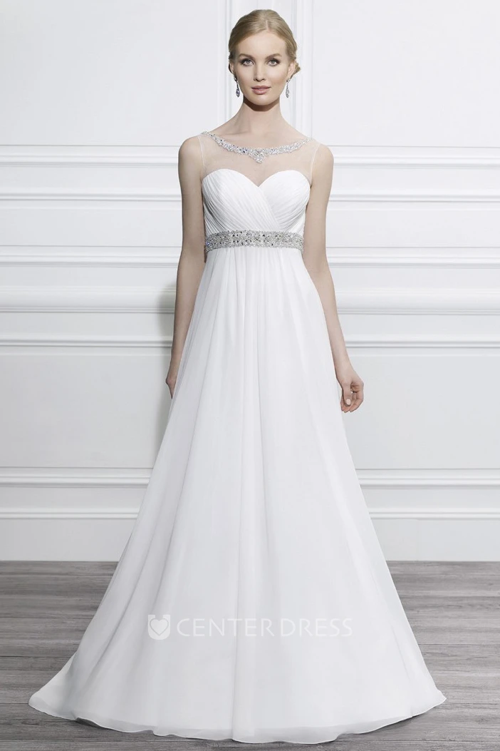 Scoop Floor-Length Criss-Cross Empire Jeweled Chiffon Wedding Dress