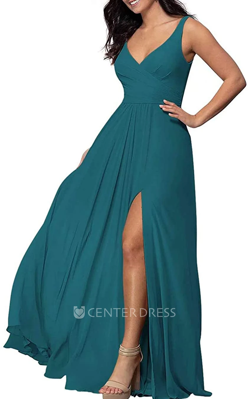Chiffon Floor-length V-neck A Line Sleeveless Bridesmaid Dress With Criss Split Front