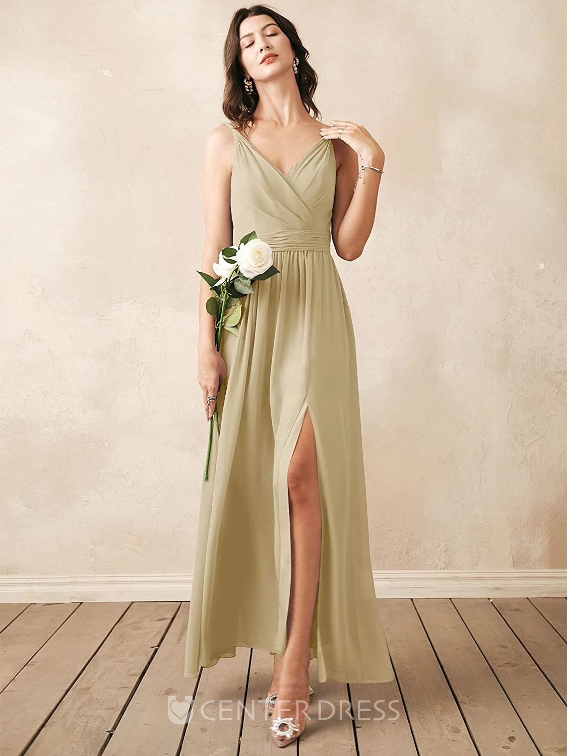 Sexy Chiffon Ankle-length V-neck A Line Sleeveless Bridesmaid Dress With Ruching