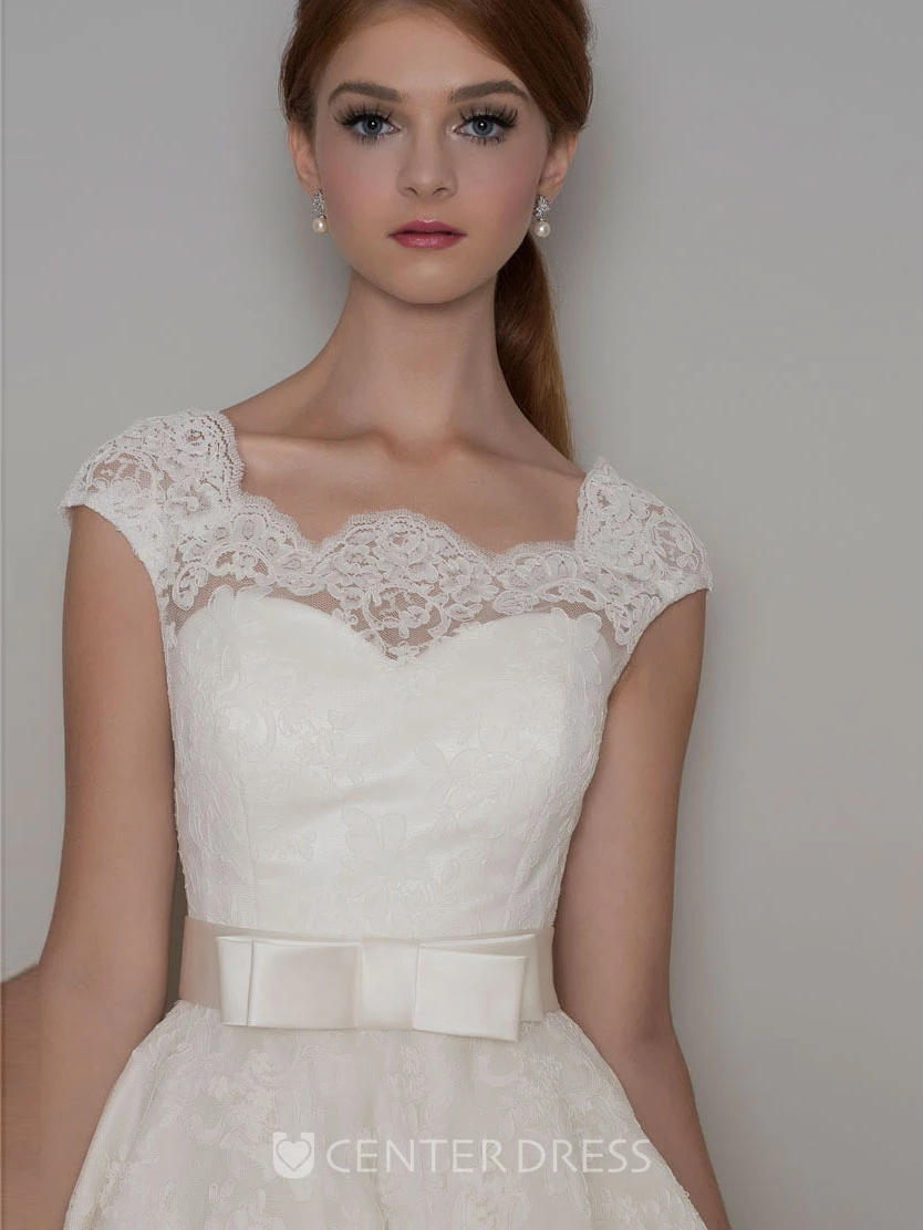 Tea-Length A-Line Cap Sleeve Square Neck Ribboned Lace Warm Wedding Dress
