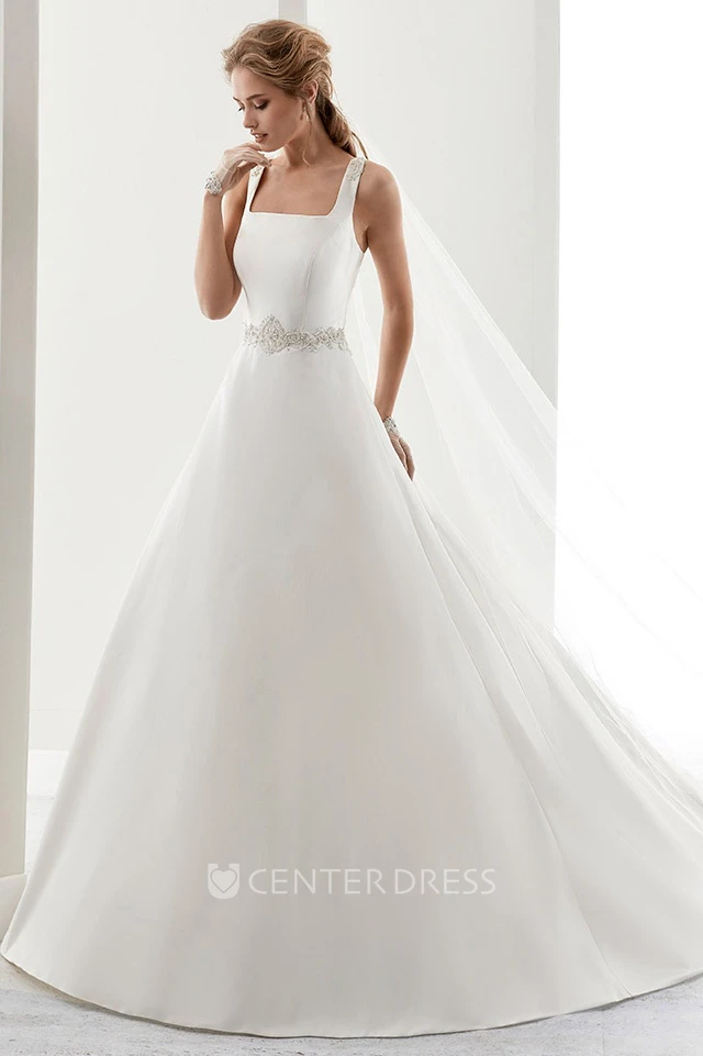 Square-Neck Satin A-Line Bridal Gown With Beaded Belt And Crisscross Straps Back