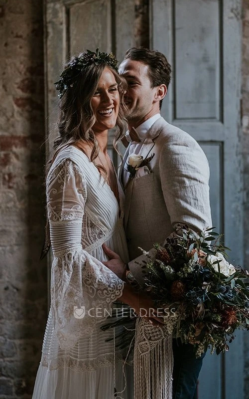 Bohemian Lace V-Neck Spring Wedding Dress with Illusion Sleeves Sexy Beach Garden Style