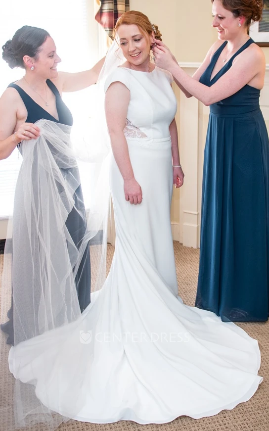 Casual Mermaid Illusion Back Style Solid Jewel Neckline Garden Wedding Dress with Sweep Train