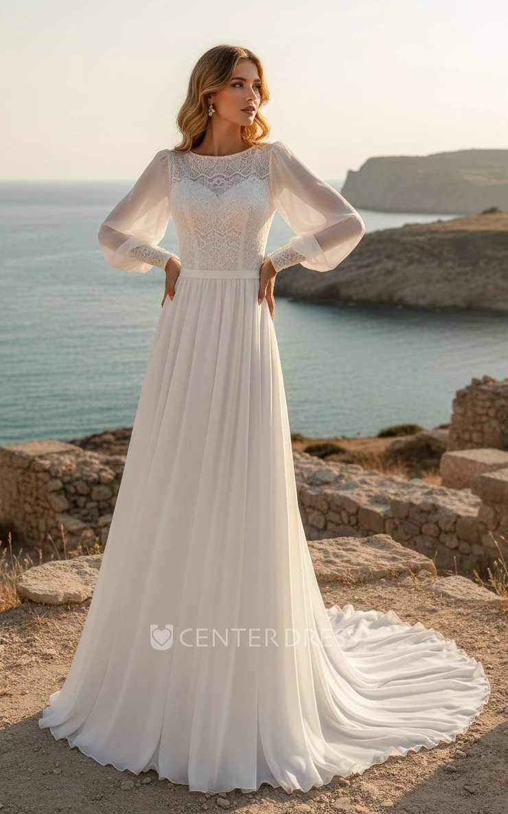 Long Sleeve Modest Rustic Casual A-Line Bateau Neck Spring Wedding Dress Gowns with Train