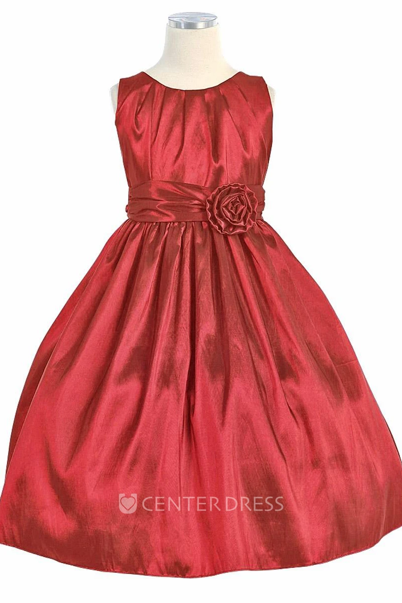 Tea-Length Pleated Taffeta Flower Girl Dress