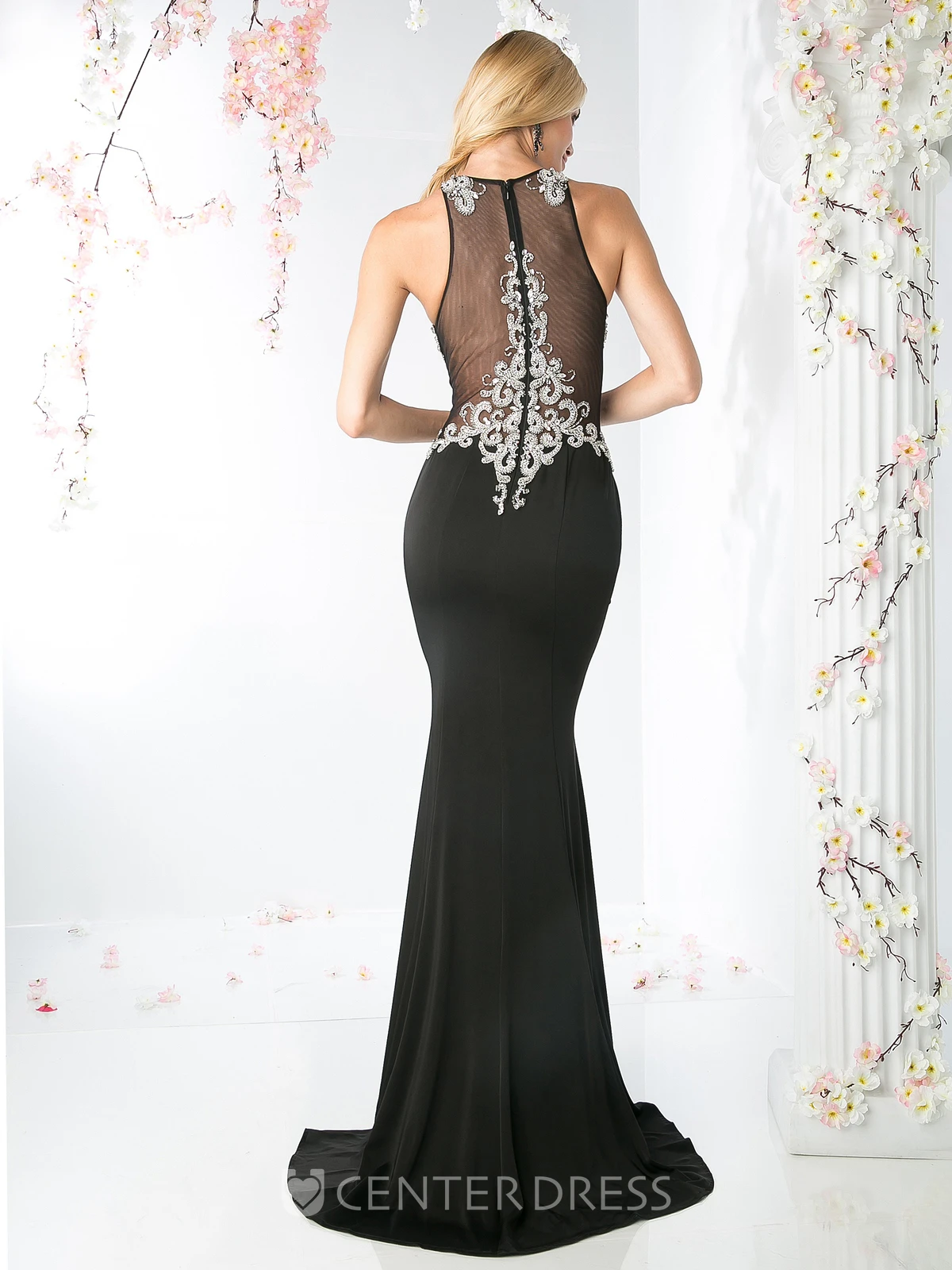Sheath Jewel-Neck Sleeveless Jersey Illusion Dress With Beading