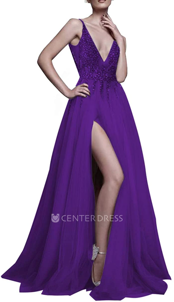 Tulle Floor-length Court Train V-neck A Line Sleeveless Prom Dress With Beading