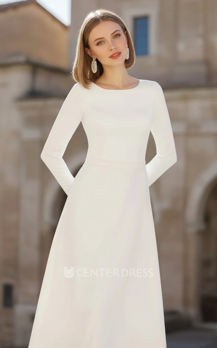 Modest Simple A-Line Wedding Dress with Long Sleeves and Boat Neck Elegant Satin Bridal Gown with Train
