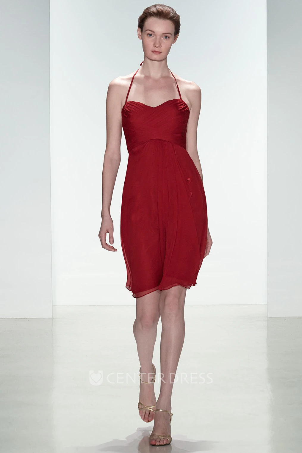 Pencil Short Sleeveless Empire Halter Chiffon Bridesmaid Dress With Ruching And V Back