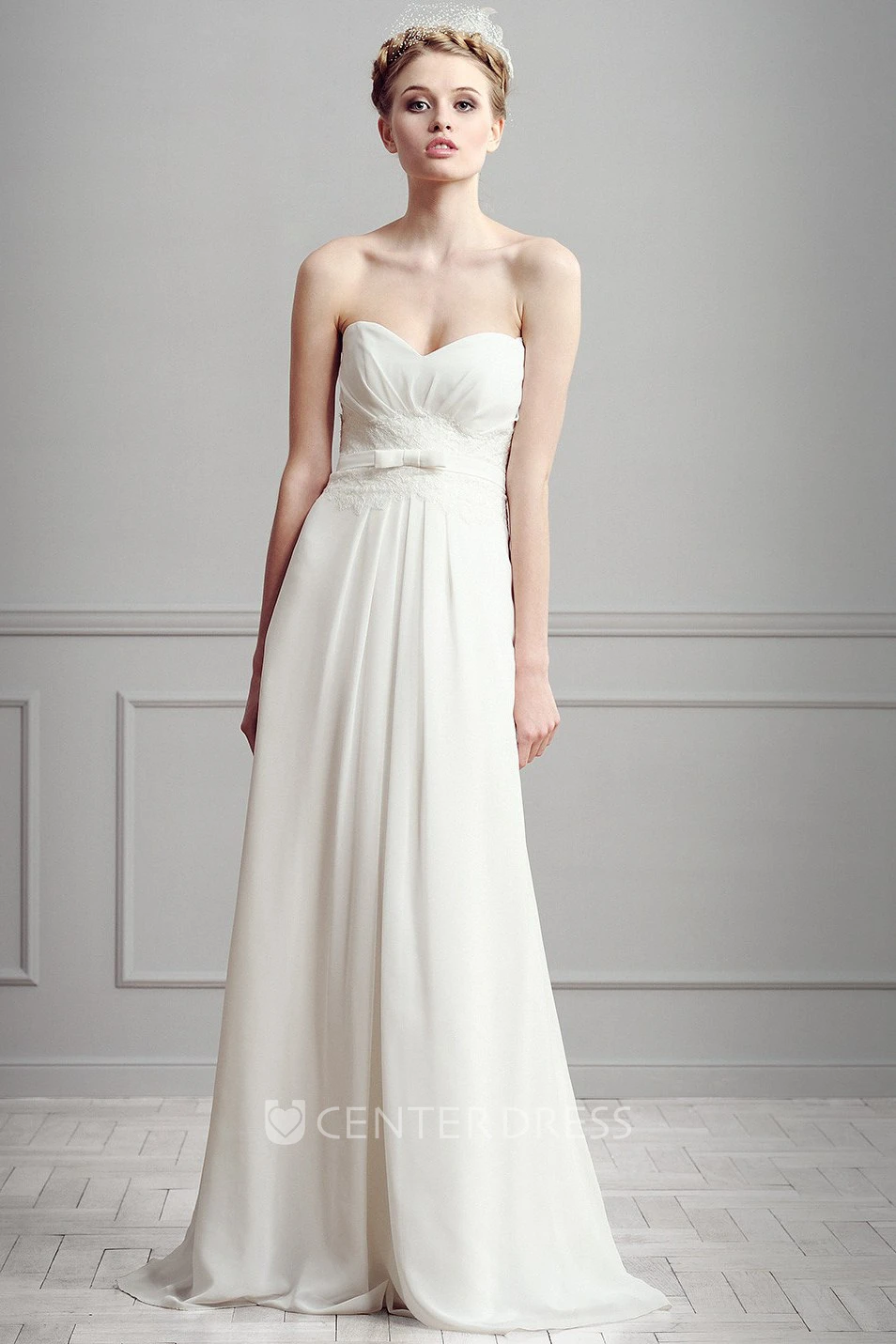 Sleeveless Long Sweetheart Ruched Chiffon Wedding Dress With Lace
