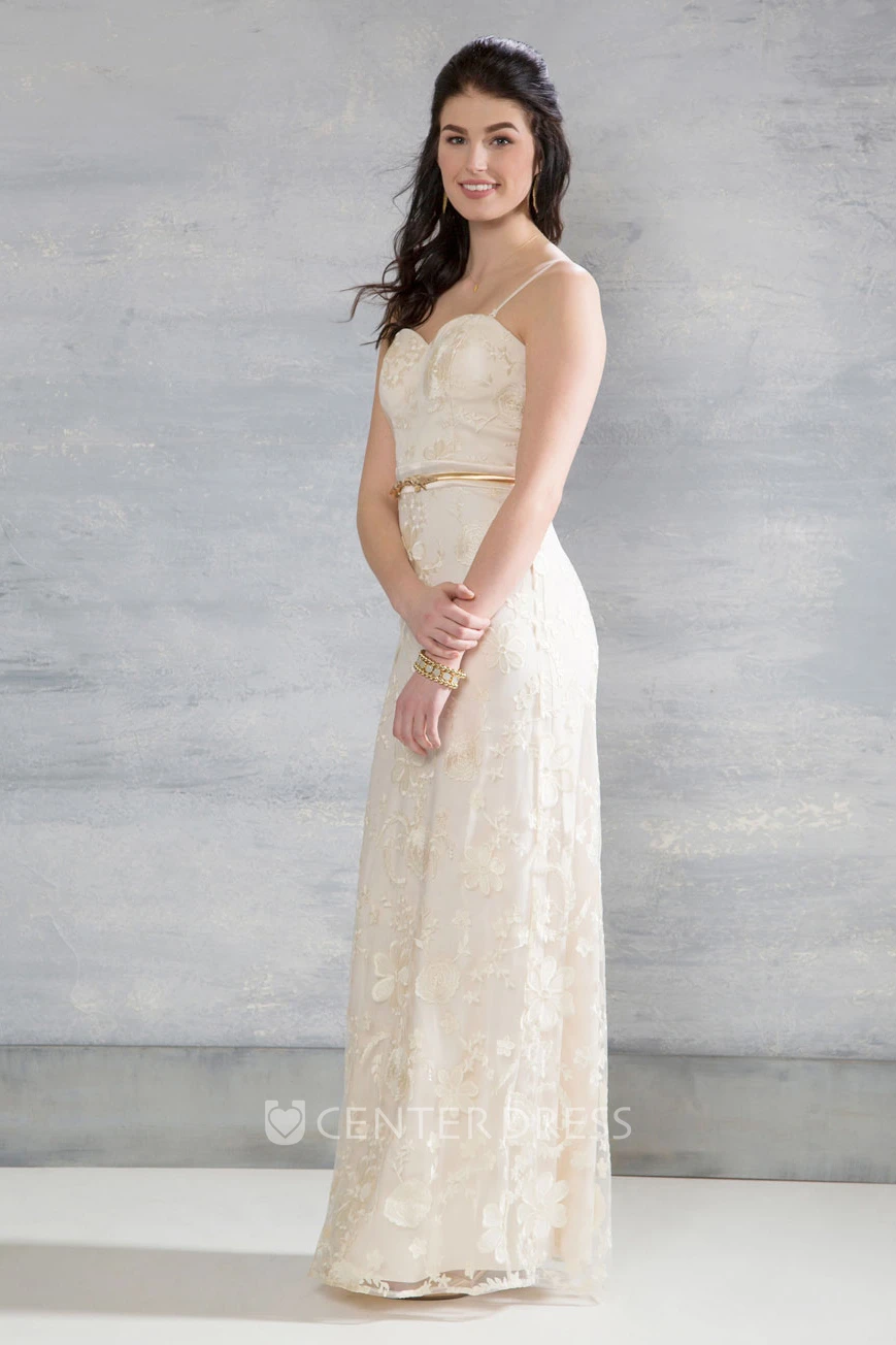 Sheath Sweetheart Floor-Length Lace Wedding Dress With Appliques And Zipper