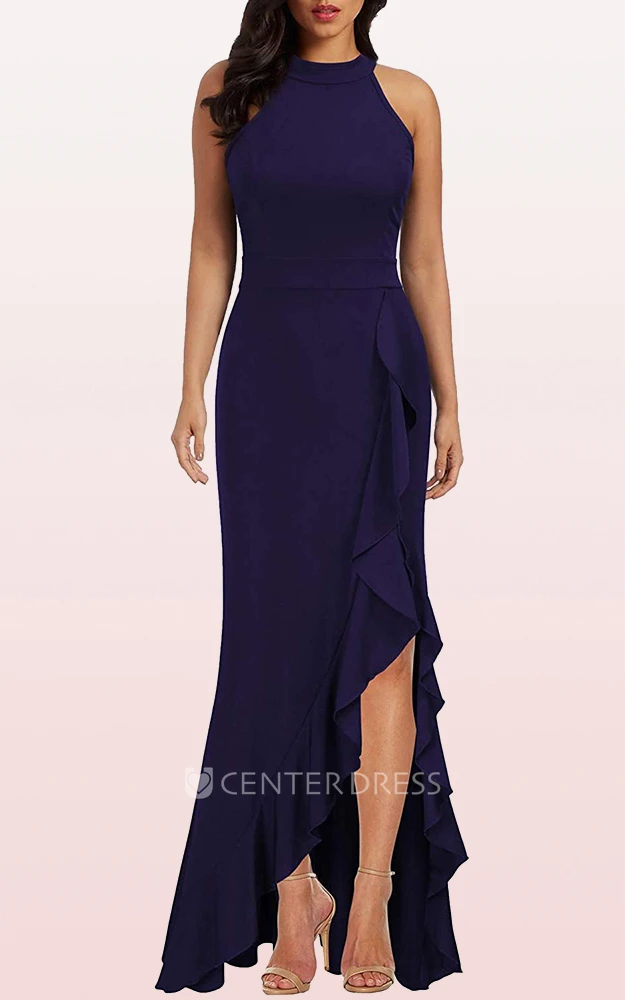 Elegant Halter Sheath Jersey Sleeveless Guest Dress With Split Front and Ruffles