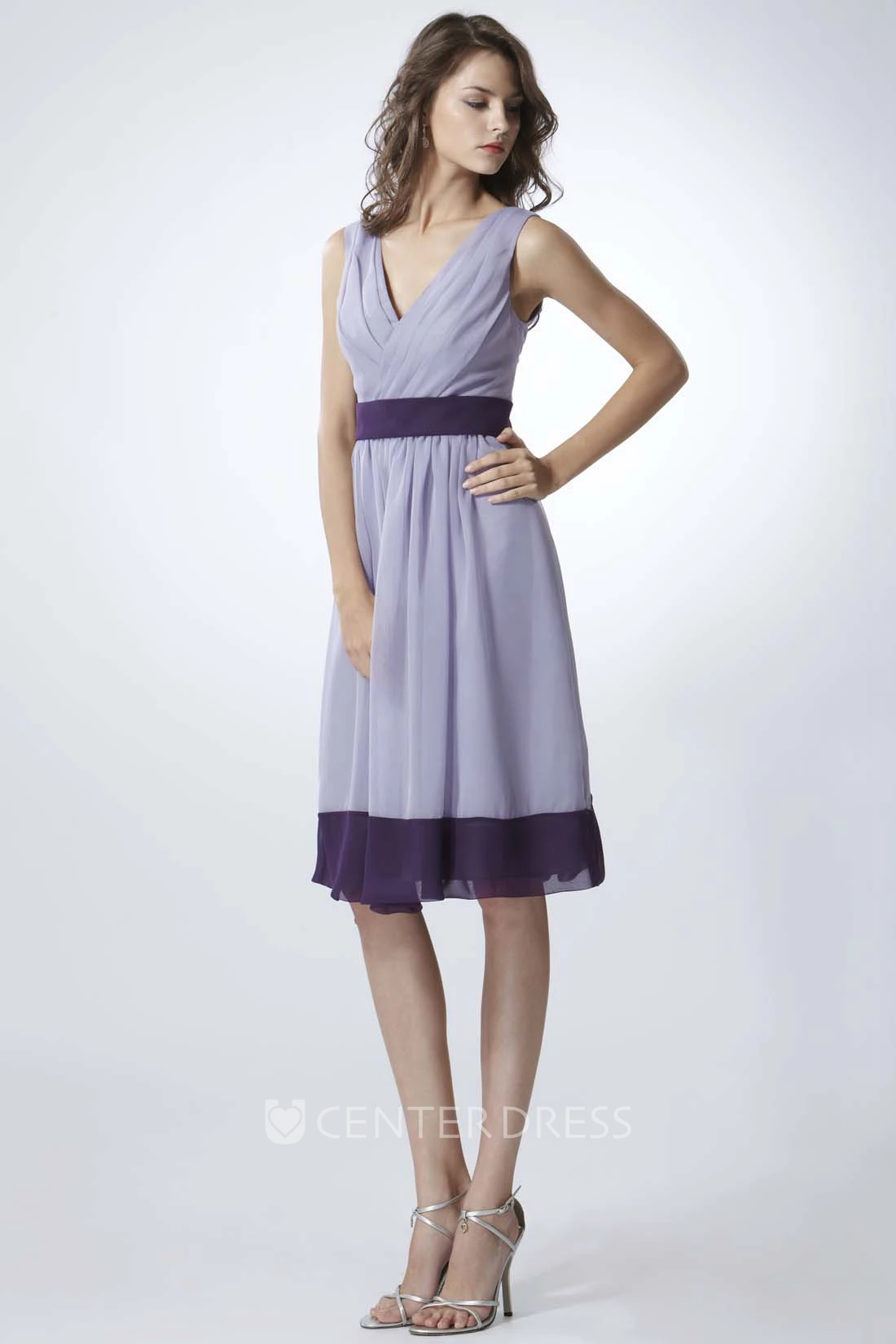 V-Neck Sleeveless Short Chiffon Bridesmaid Dress With Ruching And V Back