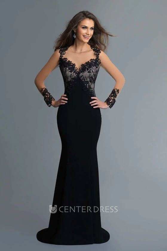 Sheath Scoop-Neck Long Sleeve Jersey Lace Keyhole Dress