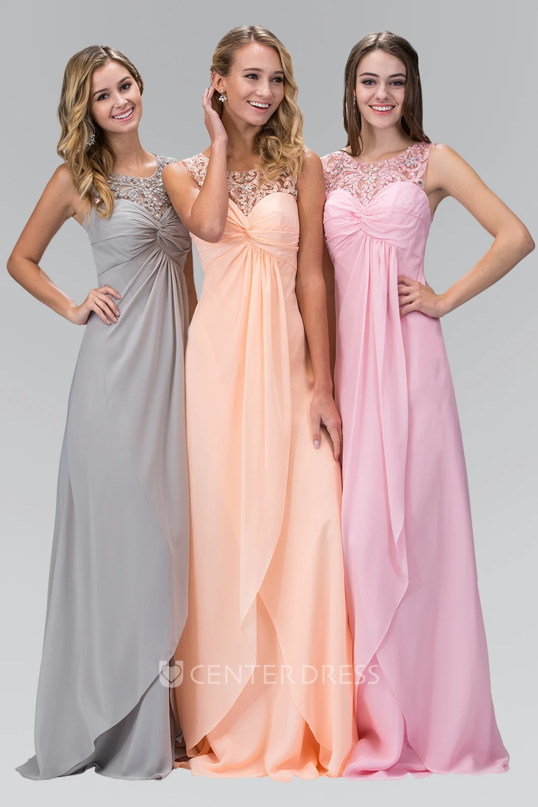 A-Line Long Scoop-Neck Sleeveless Empire Chiffon Dress With Beading And Draping