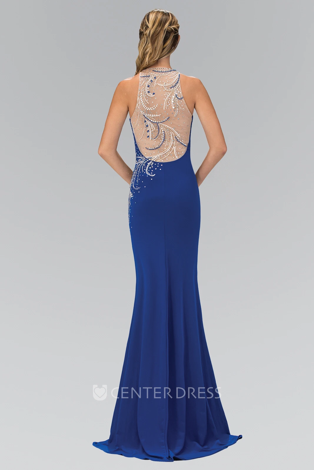 Sheath Maxi Jewel-Neck Sleeveless Jersey Illusion Dress With Beading