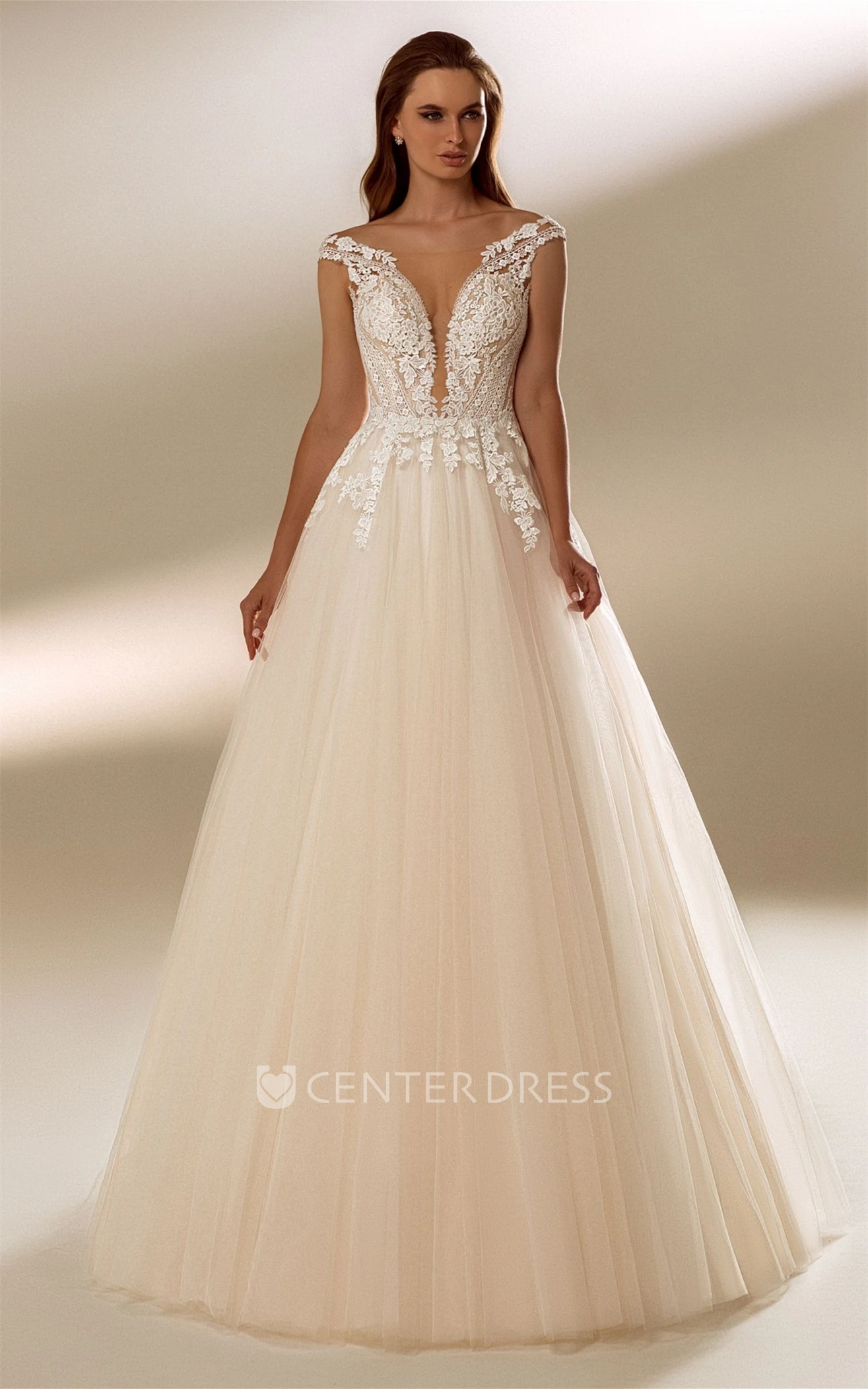Simple Ball Gown Plunging Neckline Bridal Gown with Appliques