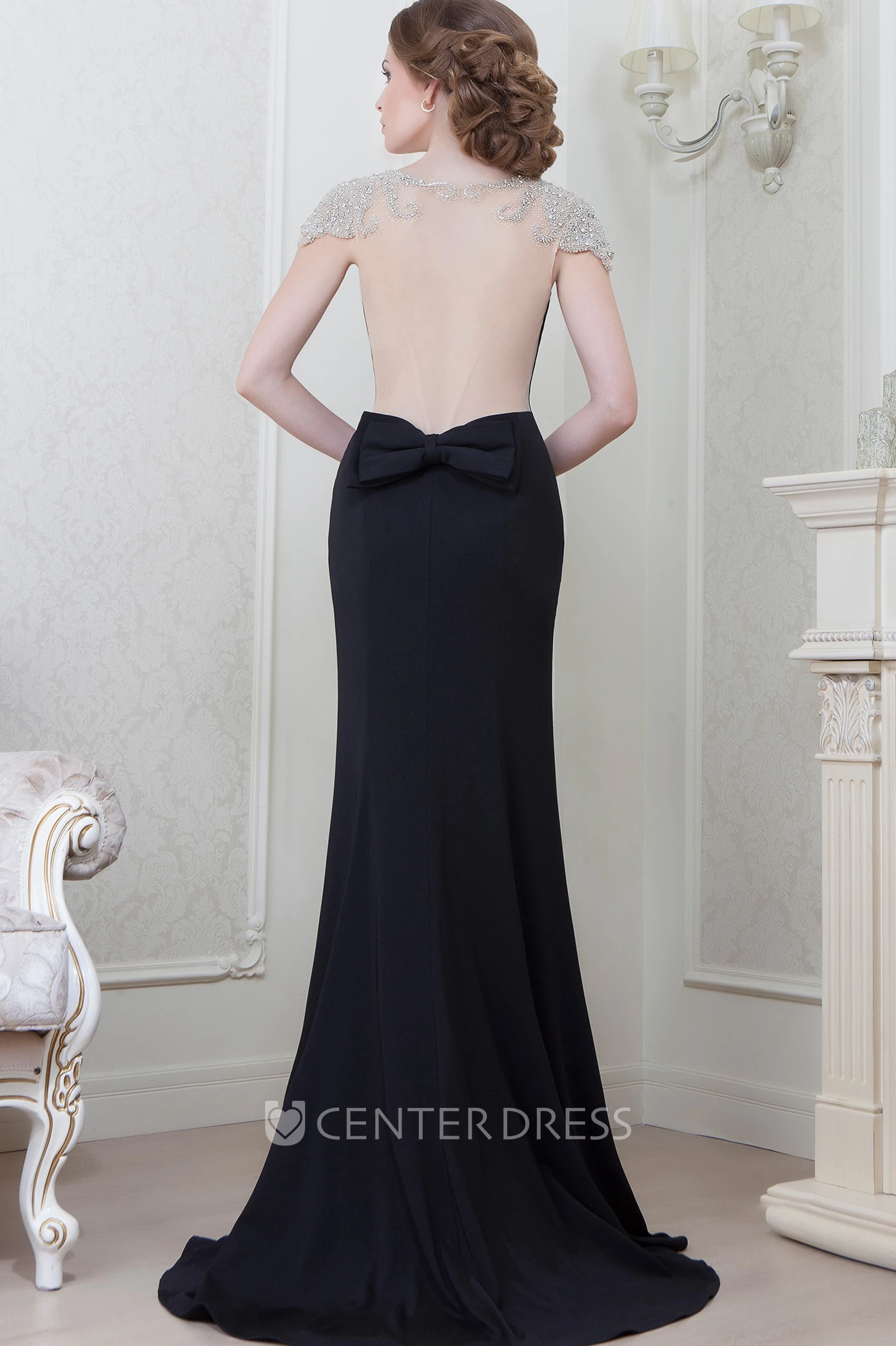 Floor-Length Cap Sleeve Scoop Neck Bowed Chiffon Evening Dress
