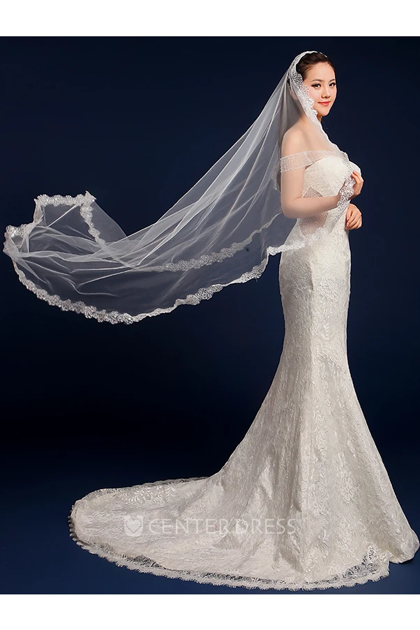 Long Tulle Wedding Veil with Lace Edge