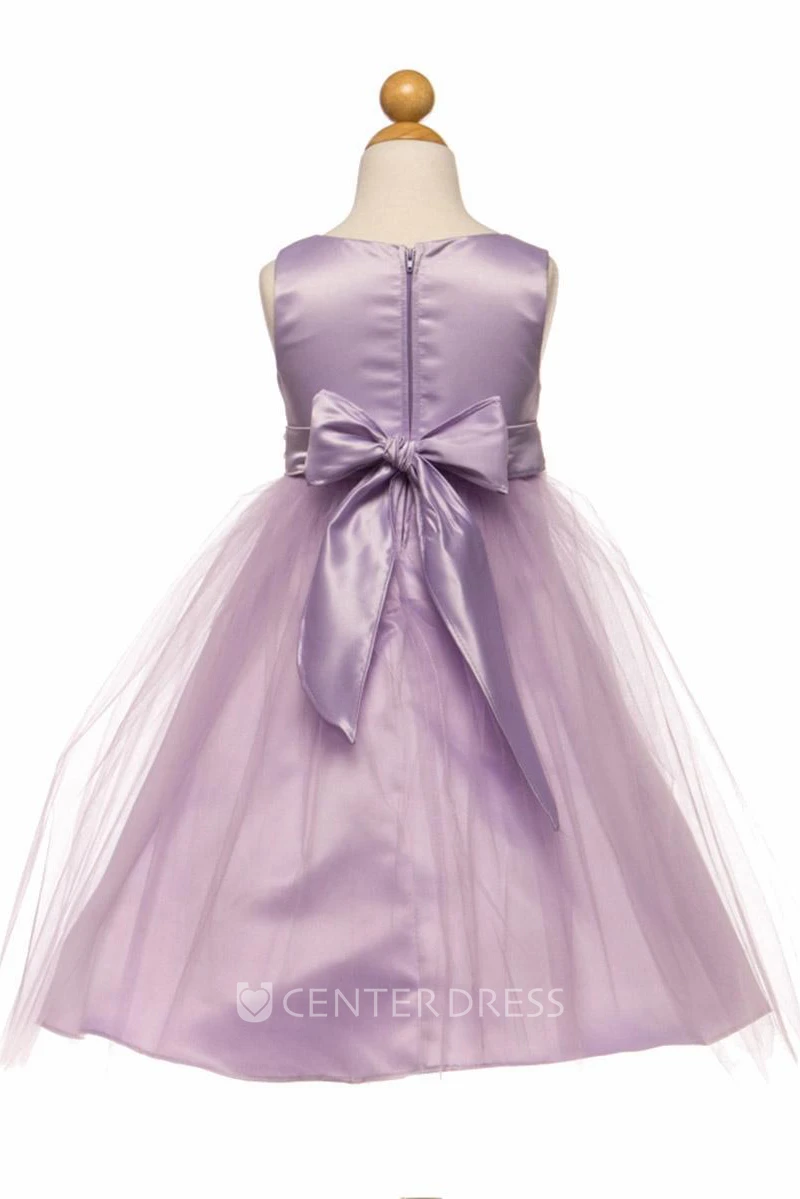 Tea-Length Beaded Tulle&Satin Flower Girl Dress With Broach