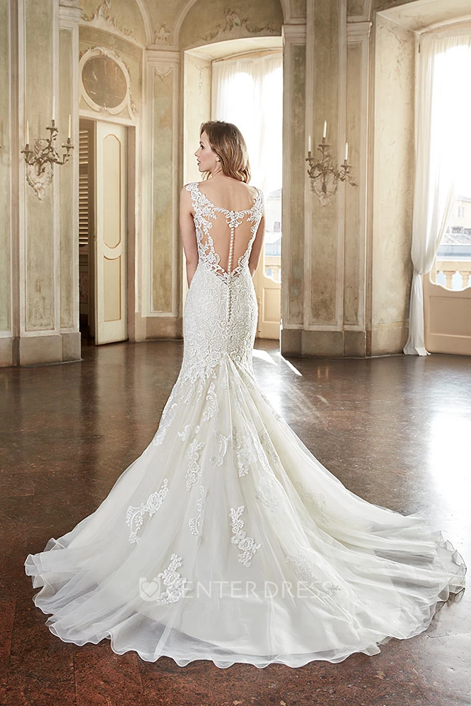 Trumpet V-Neck Long Cap-Sleeve Appliqued Lace Wedding Dress With Pleats