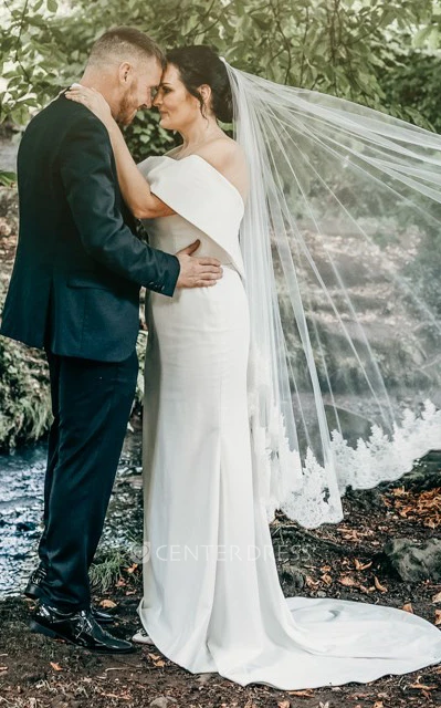 Off-the-shoulder Casual Simple Mermaid Open Back Wedding Dress with Chapel Train for Women