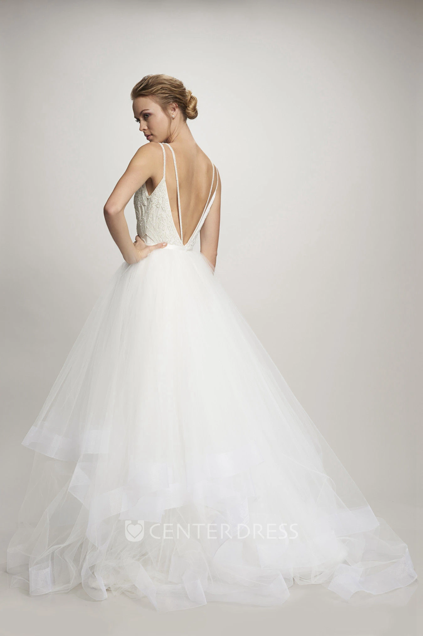 Ball-Gown Spaghetti Cascading-Ruffle Floor-Length Sleeveless Tulle Wedding Dress With Deep-V Back And Appliques