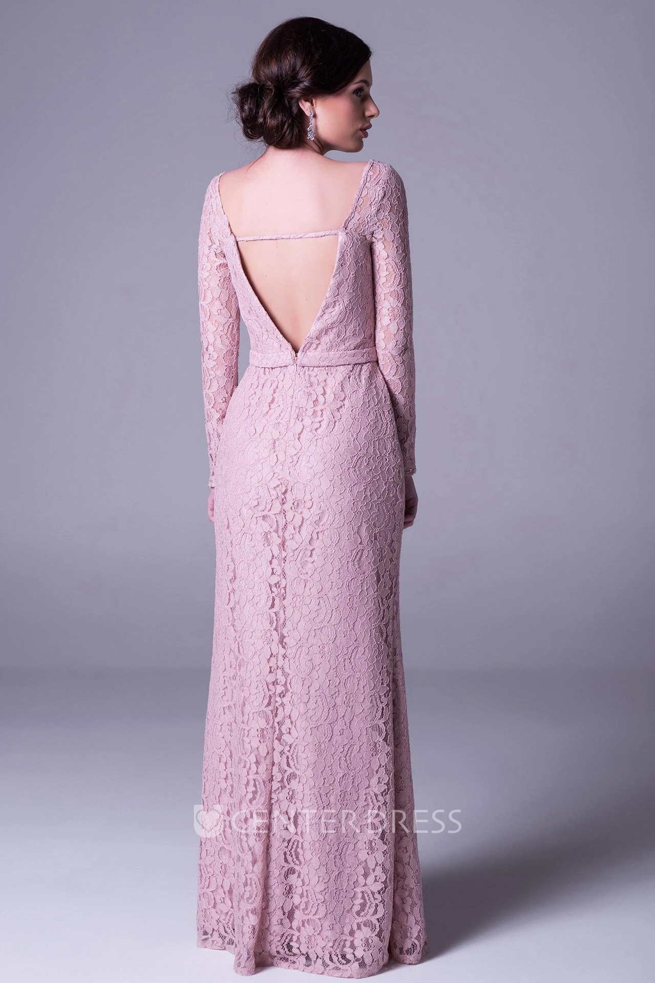Sheath Jeweled Scoop Neck Long Sleeve Lace Prom Dress With Deep-V Back