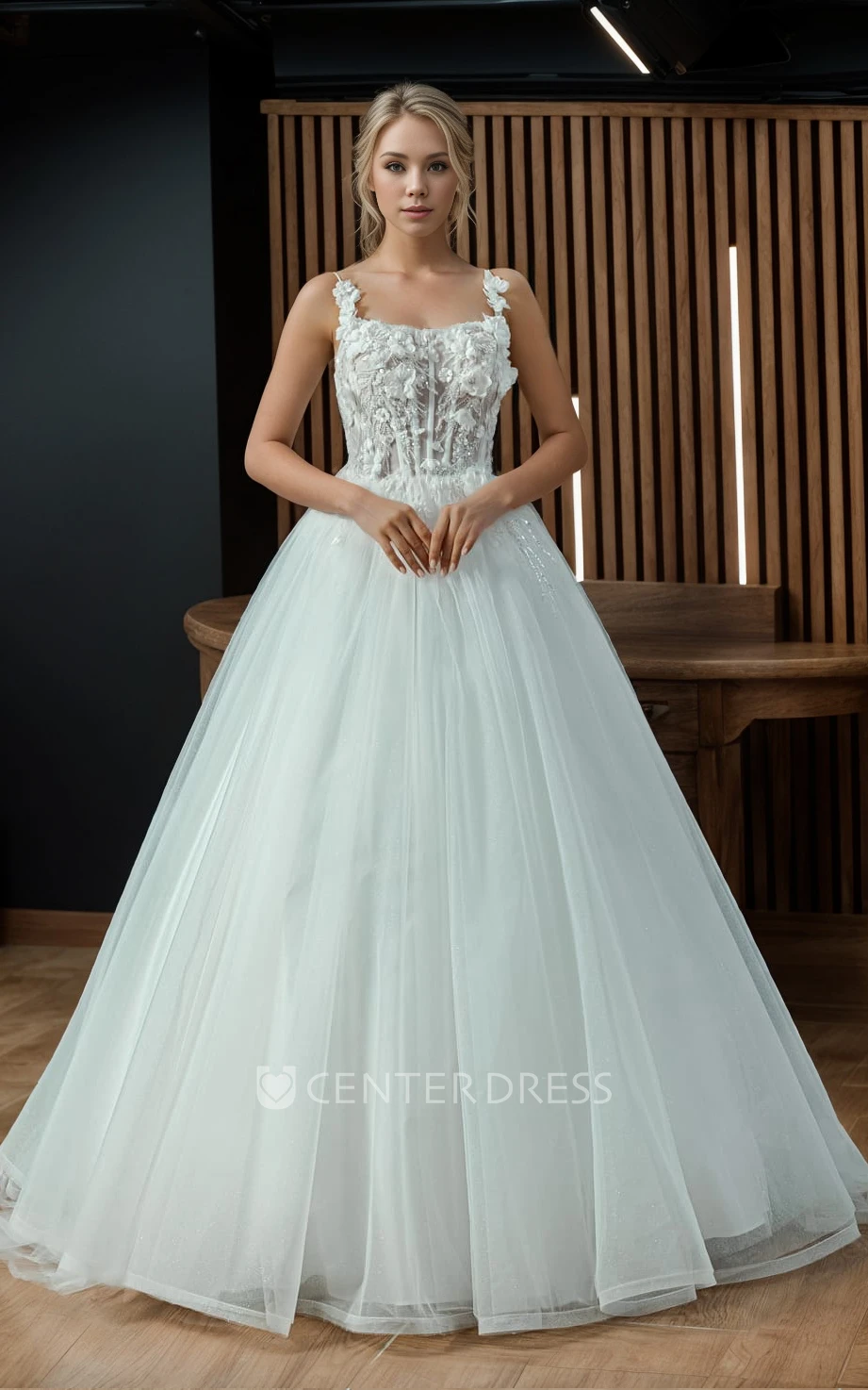 Romantic Vintage Ball Gown A-Line Spaghetti Square Neck Sleeveless Lace Tulle Winter Wedding Dress Sexy Elegant Floor-length Backless Lace-up Back Beading Sequins Flowers Bridal Gown