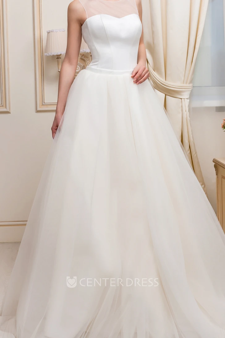 A-Line Scoop-Neck Floor-Length Tulle&Satin Warm Wedding Dress