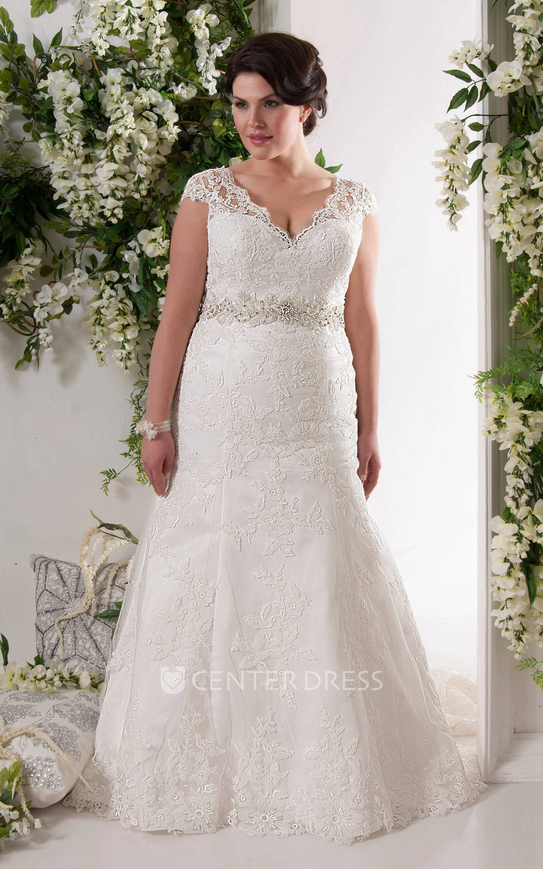 Caped-Sleeve Appliqued Sheath Dress With Beaded Waist