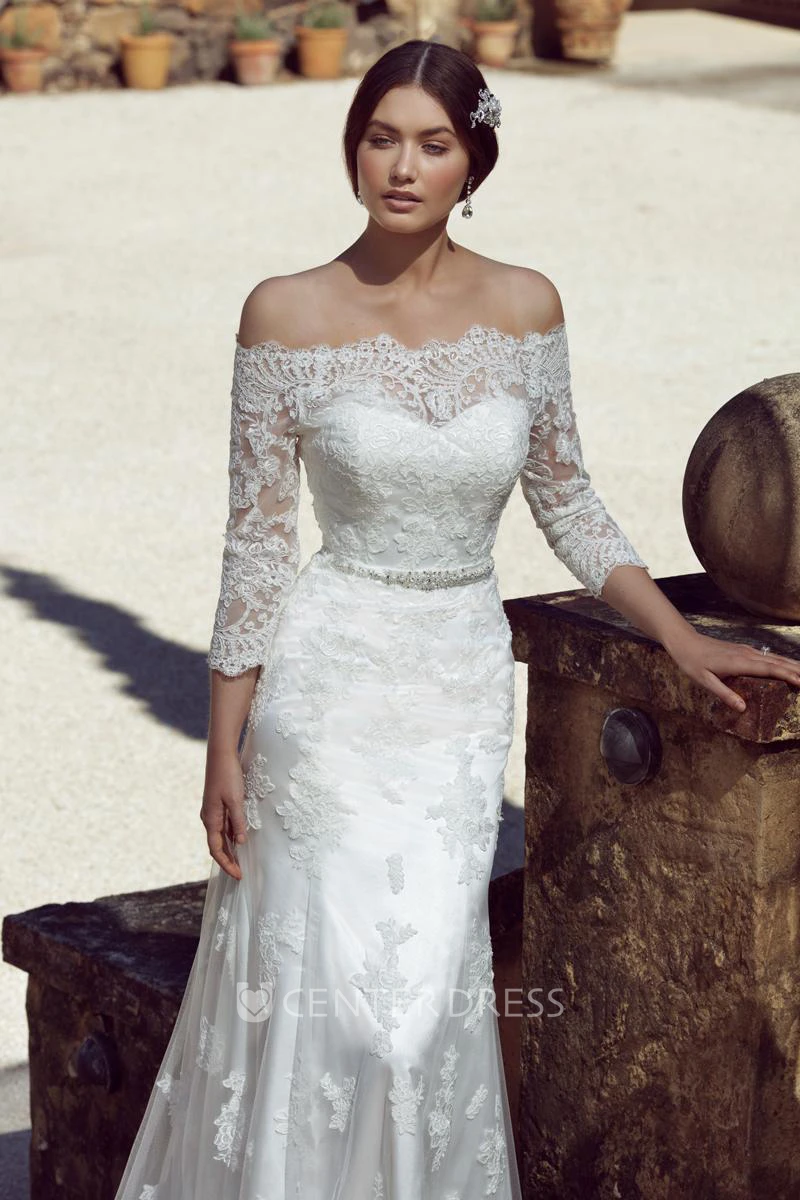 Floor-Length Jeweled Off-The-Shoulder 3-4 Sleeve Lace Wedding Dress
