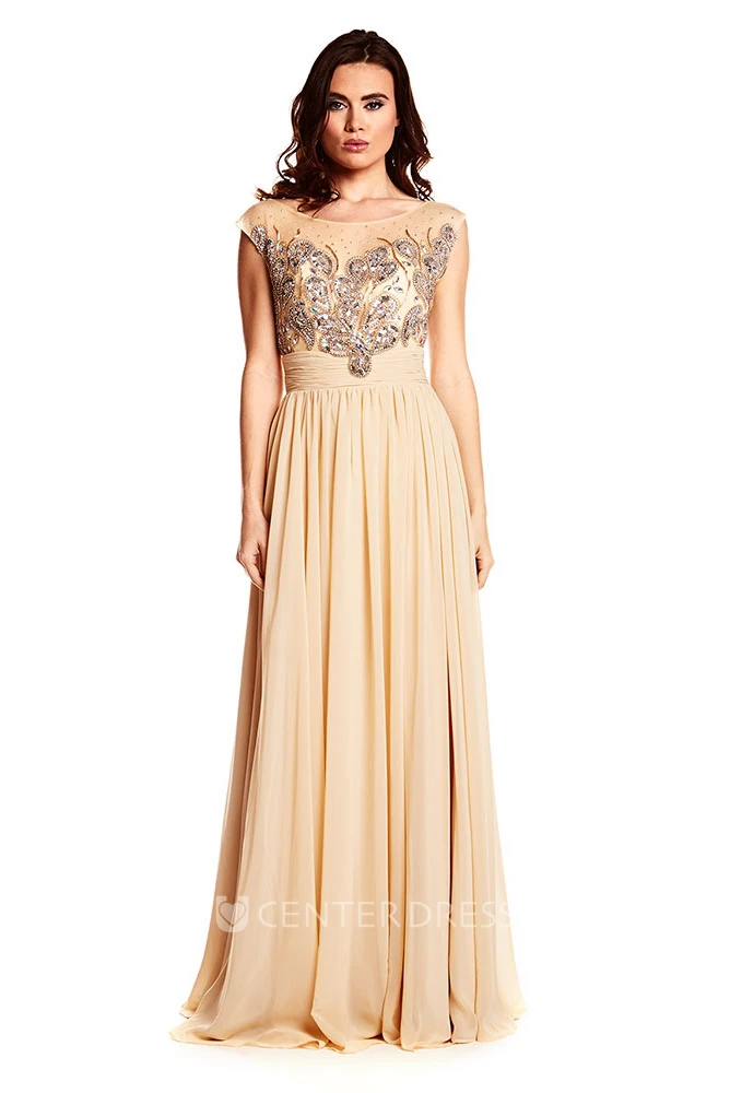 Scoop Neck Beaded Cap Sleeve Chiffon Prom Dress With Low-V Back