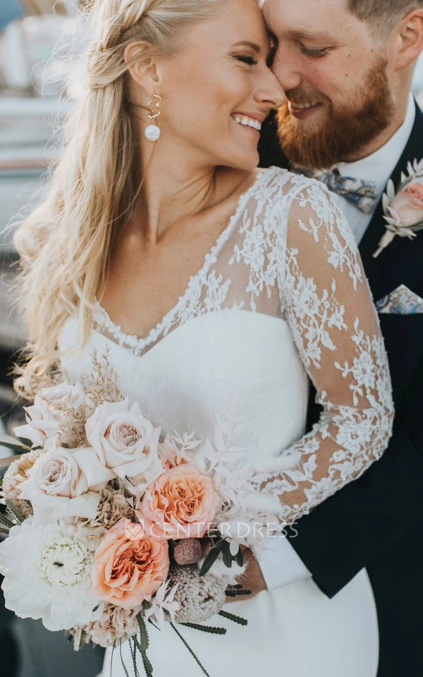 Romantic Long Sleeve Lace Satin Sheath V-neck Floor-length Sweep Train Warm Wedding Dress