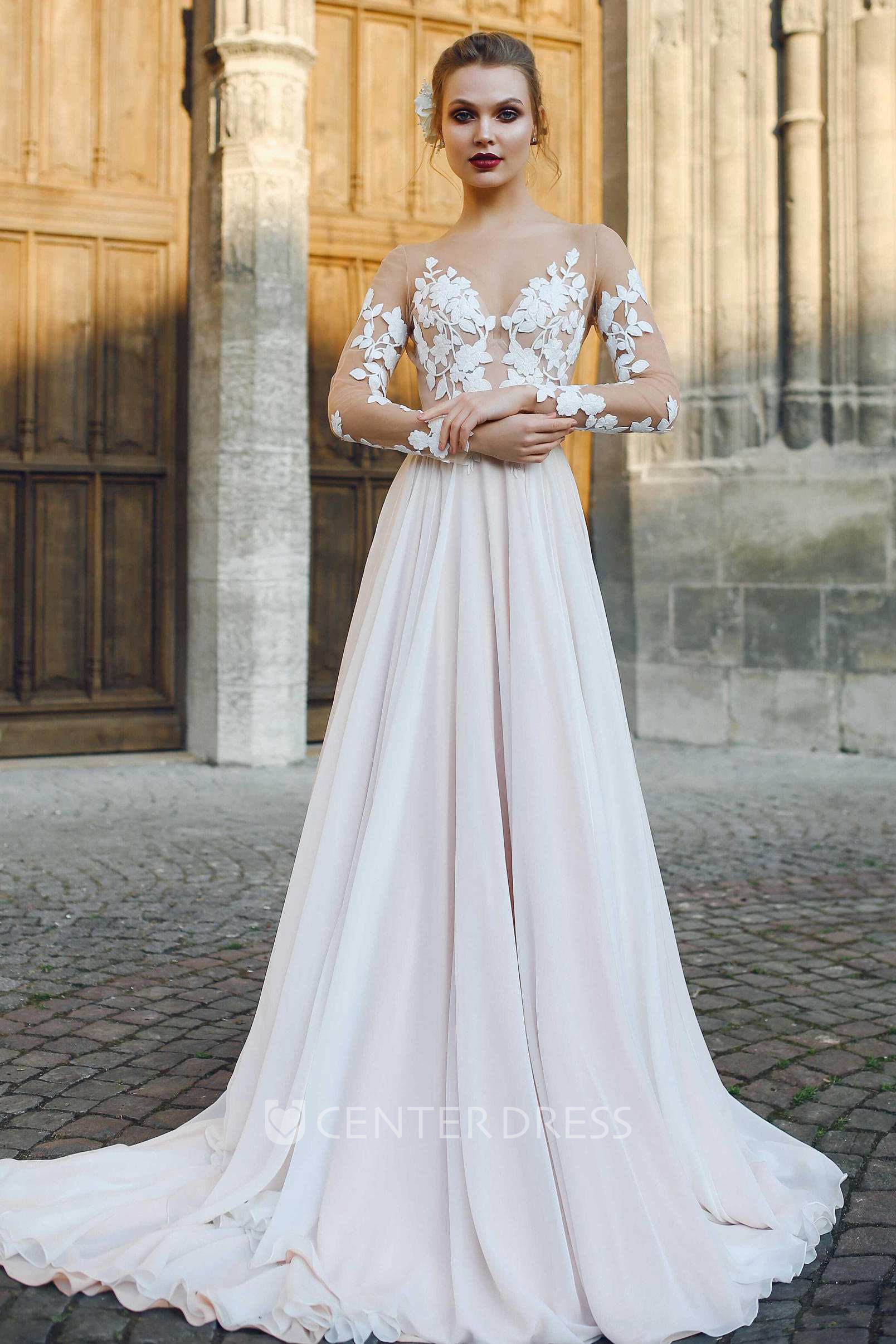 Chiffon wedding dress with illusion hot sale lace sleeves