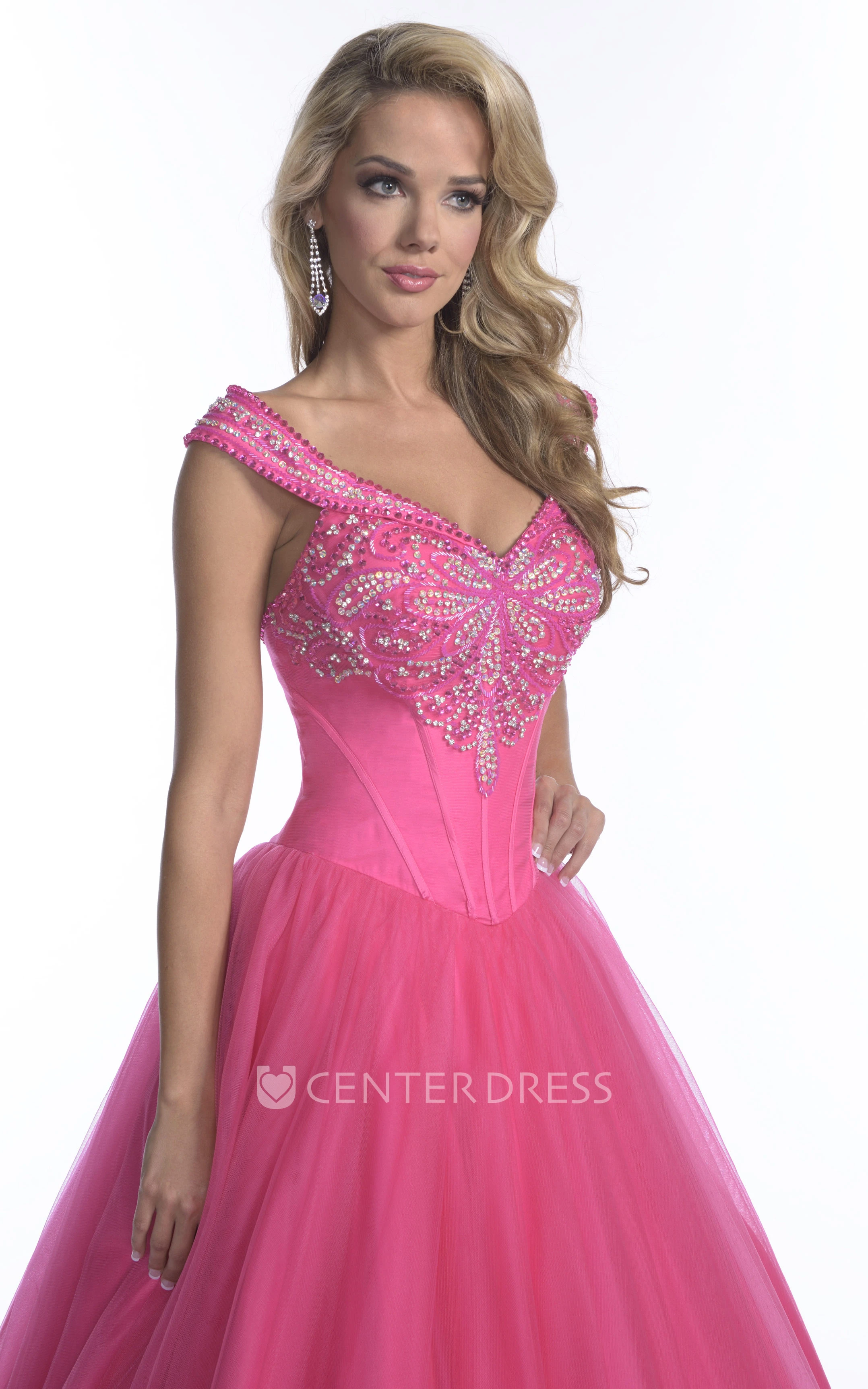 Cap Sleeve Tulle A-Line Quinceanera Dress With Crystal Top
