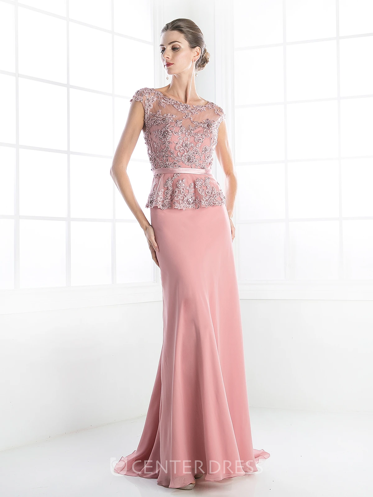 Sheath Long Scoop-Neck Cap-Sleeve Jersey Illusion Dress With Beading And Peplum