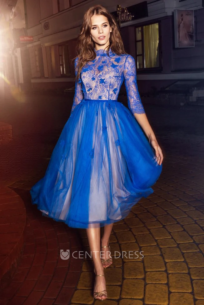 A-Line Tea-Length High Neck Half Sleeve Tulle Lace Illusion Dress With Flower