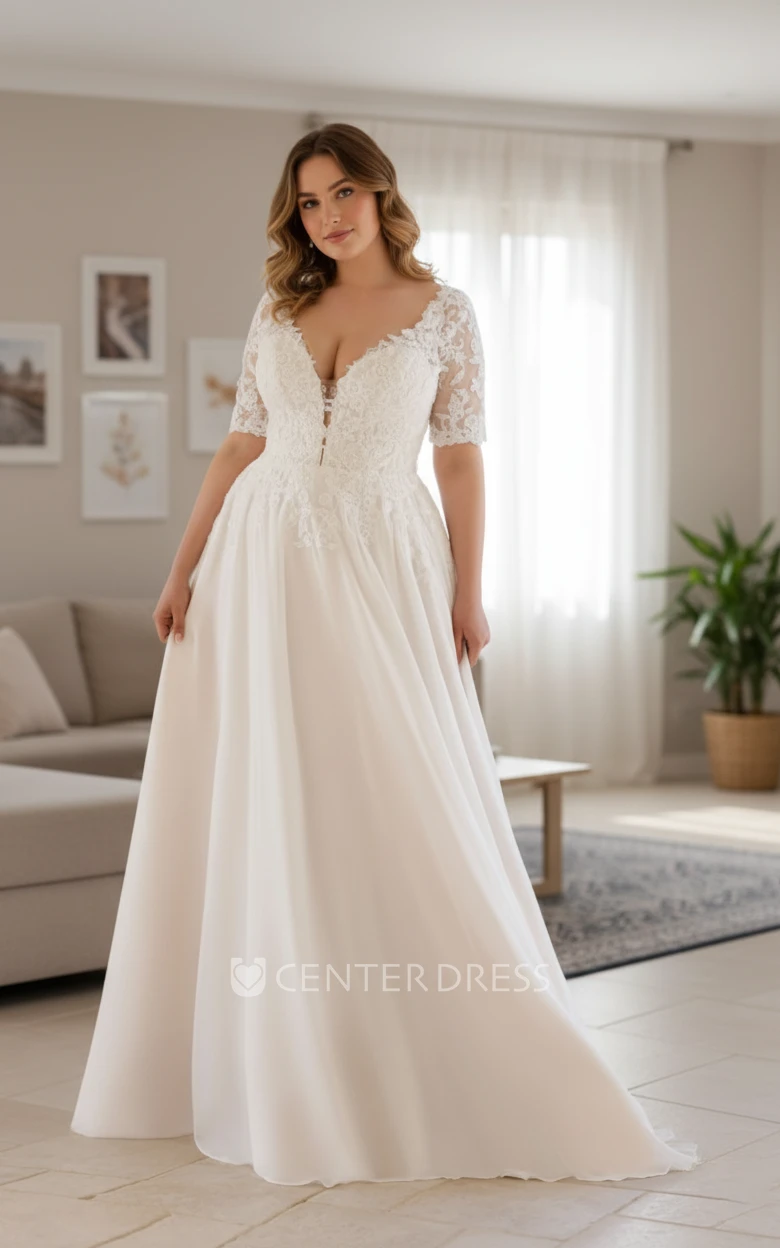 A-line Plus Size Deep V-Neck Lace Bridal Gown Elegant Half Sleeves Flowy Chiffon Bridal Gown