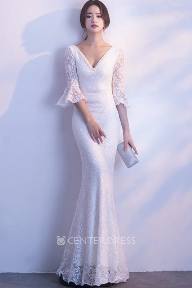 Mermaid Deep V-neck 3/4 Poet Sleeve Sexy Wedding Dress With Straps Back