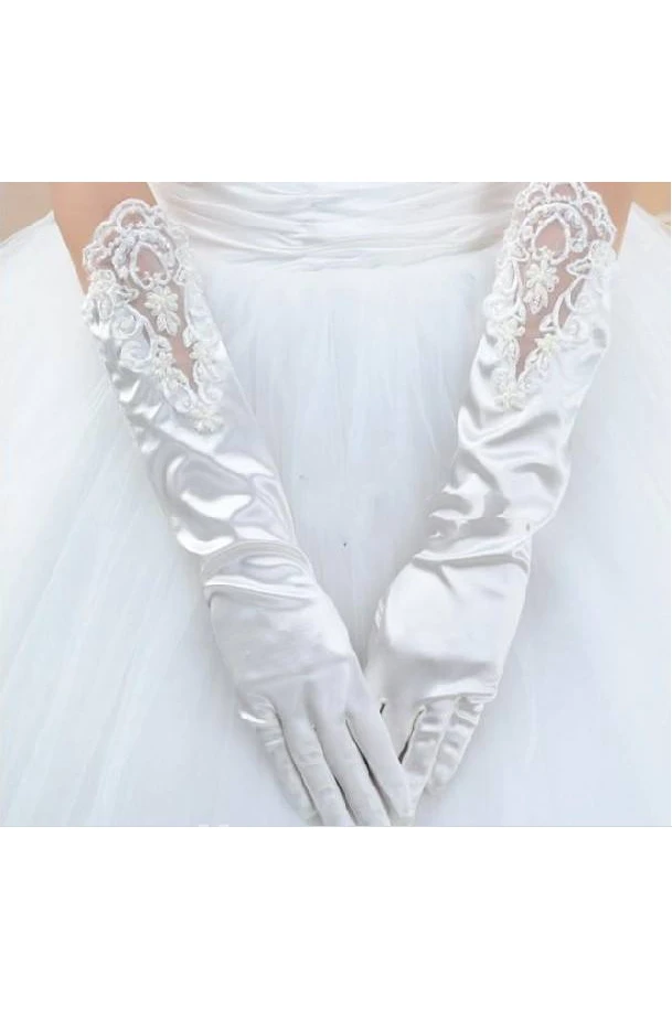 White Stretch Satin Long Length Sequins Beads Package Refers To Gloves