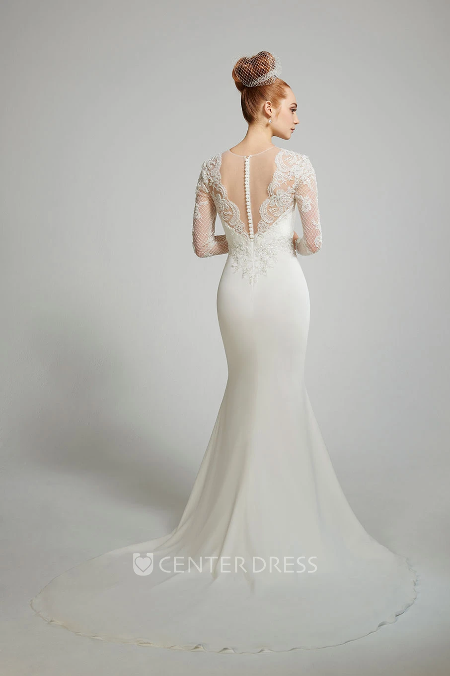 Sheath Long-Sleeve Scoop-Neck Floor-Length Chiffon Wedding Dress With Appliques And Illusion
