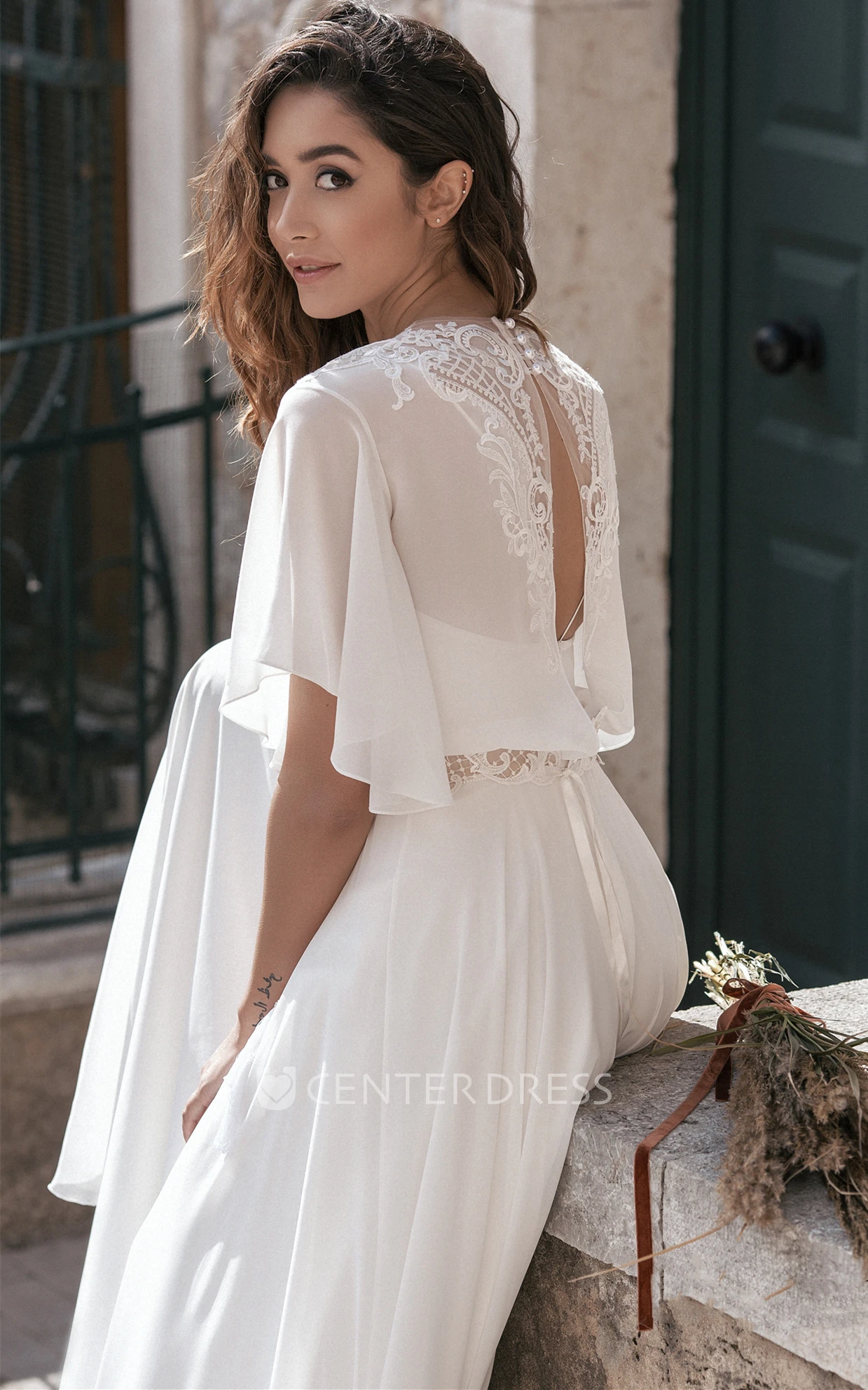 Romantic Jewel A Line Chiffon Sweep Train Wedding Dress with Sash