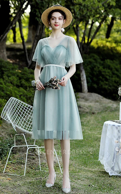 Simple Tulle Off-the-Shoulder V-Neck a Line Midi Homecoming Dress with Ruching
